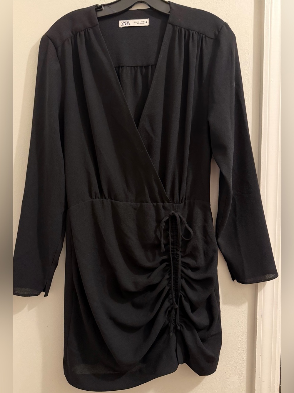Zara Black Wrap-Front Long Sleeve Ruched Dress